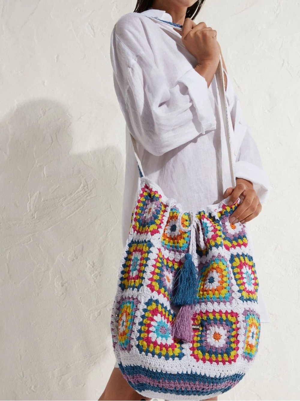 Calzedonia Crochet Granny Square Bucket Bag Boho Beach Shoulder Tote Tassel Hobo